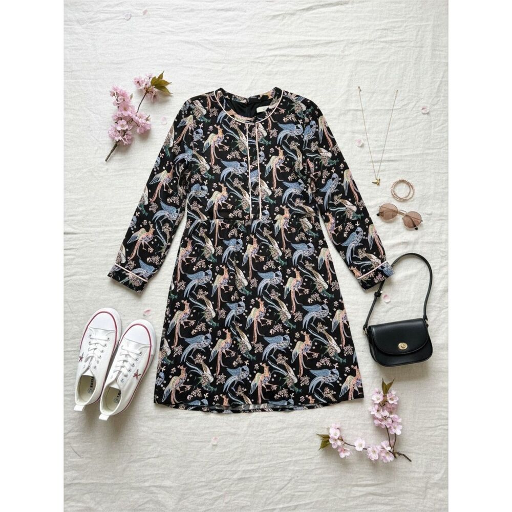 LOFT Navy Blue Bird Peacock Print Long Sleeve Midi Whimsical Dress Size 14